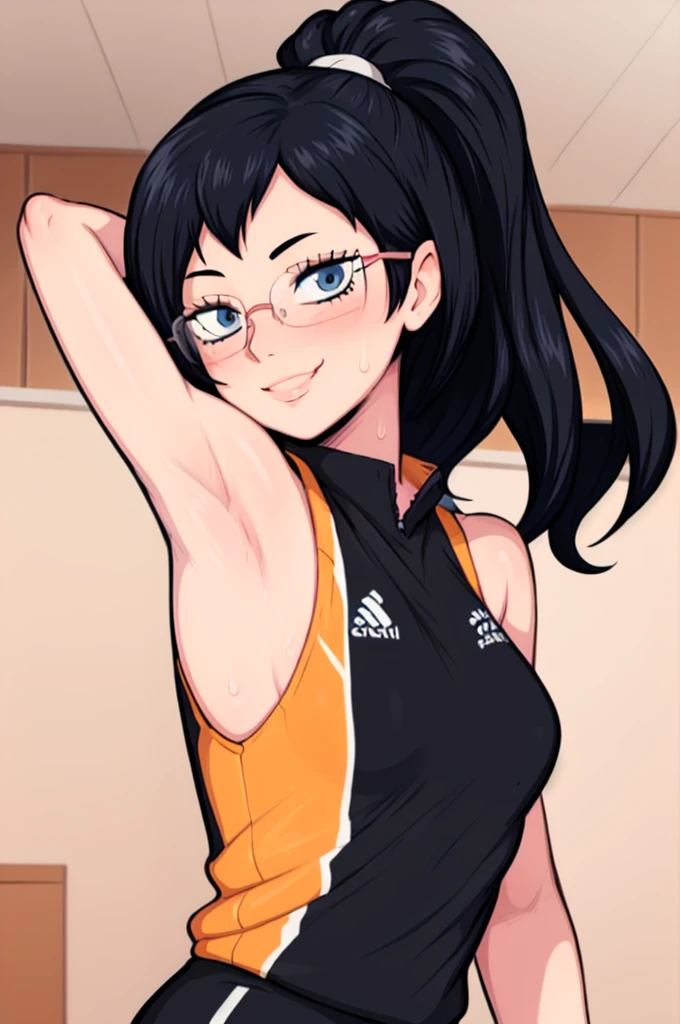 masterpiece, best quality, shimizu kiyoko looking at viewer, black hair, blue eyes color, small breasts, upper body, portrait, looking at viewer, seductive smile, armpits, armpits visible, sweaty armpits, wearing black orange volleyball uniform, wearing glasses, ponytail hair