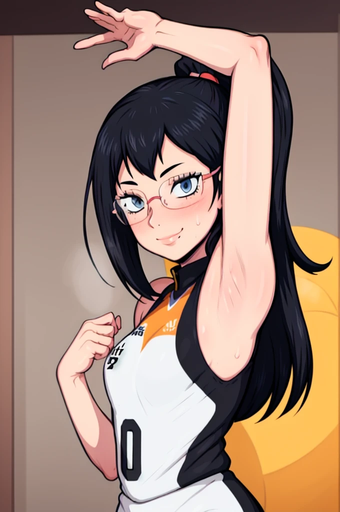 masterpiece, best quality, shimizu kiyoko looking at viewer, black hair, blue eyes color, small breasts, upper body, portrait, looking at viewer, seductive smile, armpits, armpits visible, sweaty armpits, wearing black orange volleyball uniform, wearing glasses, ponytail hair