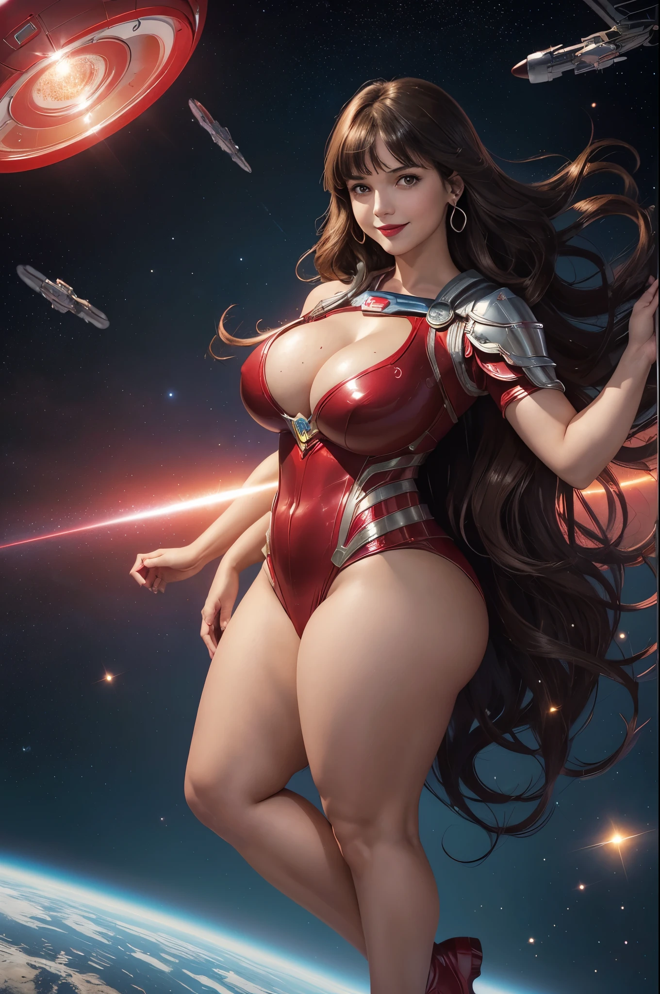 Supergirl, 27 years old, full body view Beautiful woman (((shoulder length wavy brunette hair, two side up with bangs))) defined body, Red lipstick, smiling, hands free, standing facing camera, (( short sleeve, one piece, sparkling red futuristic body armor)), space station orbiting earth, (large_breasts:1.5) (curvy:1.4)