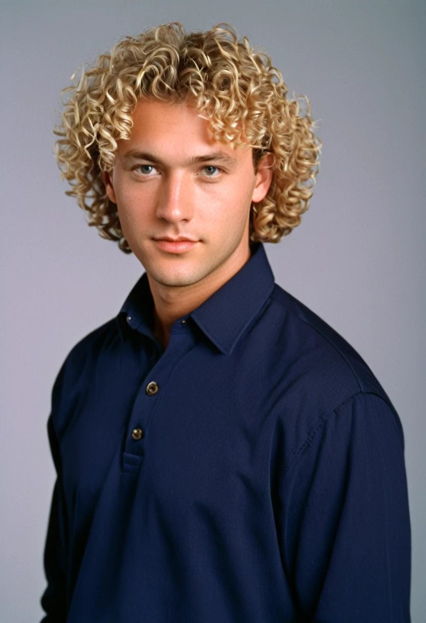 thirty year old man, cropped curly blonde hair, photorealistic, determined, business casual style, 1996, 90s, 1990s, studio portrait, blank flat background