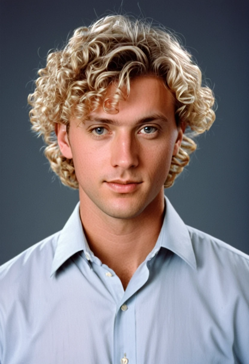 thirty year old man, cropped curly blonde hair, photorealistic, determined, business casual style, 1996, 90s, 1990s, studio portrait, blank flat background