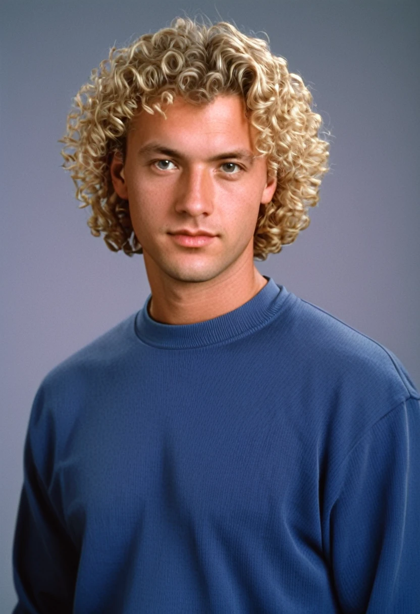 thirty year old man, cropped curly blonde hair, photorealistic, determined, business casual style, 1996, 90s, 1990s, studio portrait, blank flat background