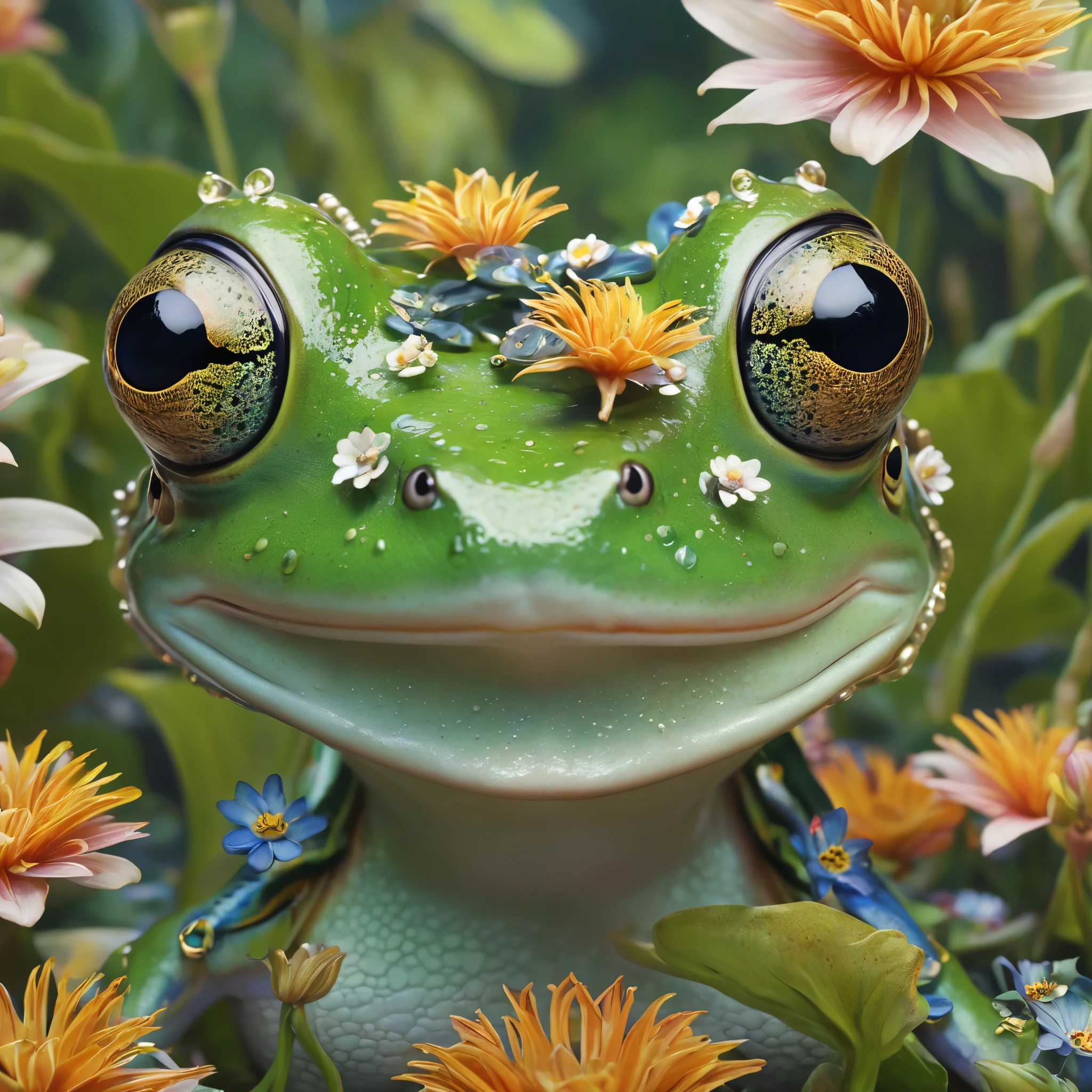 Head close-up，frog，Eyes are very delicate，necklace，（（（a garden with many flowers））， （（Intricate details））， （（Surrealism））（8K）