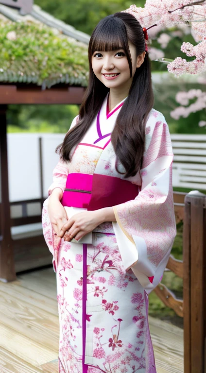 (8k, best quality, masterpiece:1.2), (realistic, photo-realistic:1.37), ultra-detailed, 1 girl, cute, solo, beautiful cherry blossom trees, Japanese traditional garden, spring, standing, pink kimono, obi belt, (blossom petals falling), (smile:1.15), (closed mouth), medium breasts, beautiful detailed eyes,(traditional Japanese makeup:1.1), long black hair with hairpins, cute fringe, pureerosface_v1, traditional tea house, fan, beautiful detailed hands, detailed sleeve pattern, cherry blossom design, traditional wooden sandals.
