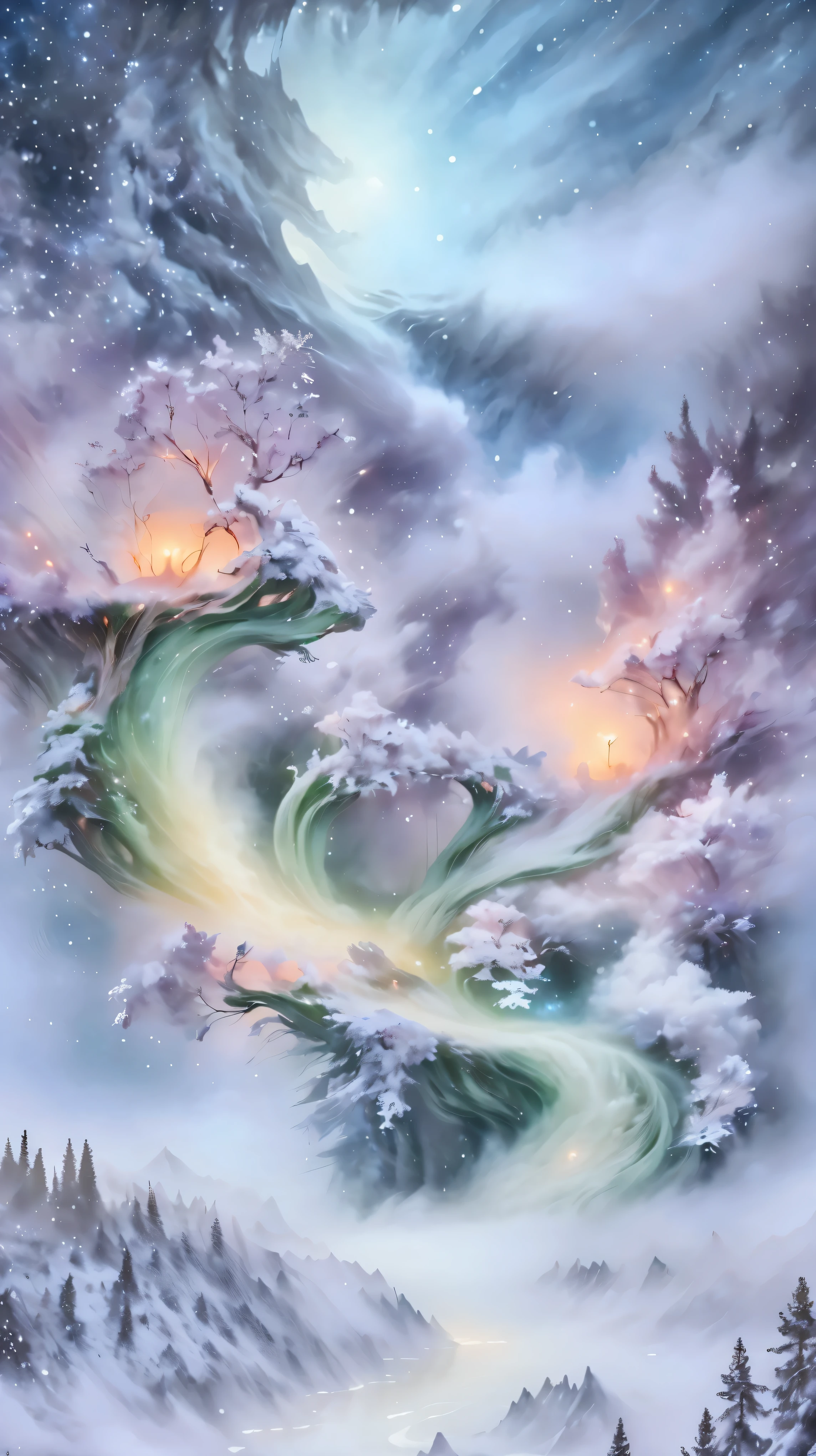 Princess的脸出现在空中,Winter Landscape,Surreal wonderland,Dreamy clouds and fairy islands,(Big Snowflake:1.3),五颜六色的Big Snowflake飞舞着,Princess'The palace is covered with snow,The tree of life blooms with infinite vitality,Twinkling stars in the night sky,Heavy clouds and fog,Whimsical fantasy landscape art, Fine Art Ultra HD 8K, 8K Fine Digital Art, Beautiful and detailed fantasy, Epic fantasy landscapes, Mysterious dreamy scenery, The magical fantasy is rich in details, Magical scenery, 由Big Snowflake和梦幻漂浮的仙女岛组成, Detailed fantasy digital art, 8K Fine Digital Art