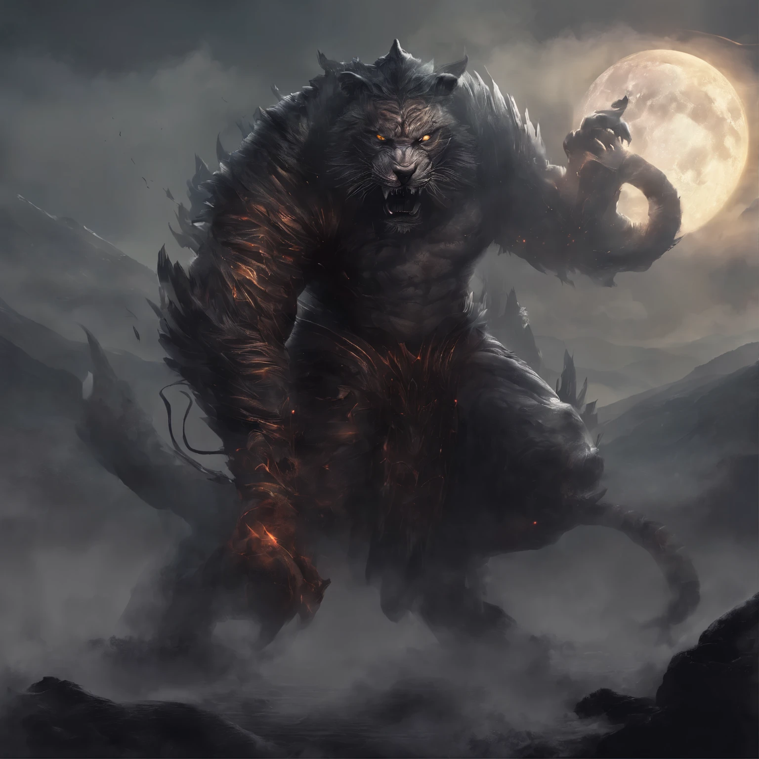 Dark Keeper,"Tiger demon",western style,Western Mythology,tiger,Roar,ferocious,huge,Full body front view,The scene is,Glow effect,Takayama,Cloudy and foggy,night,Medium scene,body intact, Like a, highly detailed surreal vfx,oc rendering, - AR 16:9 --q 2 --s 1000