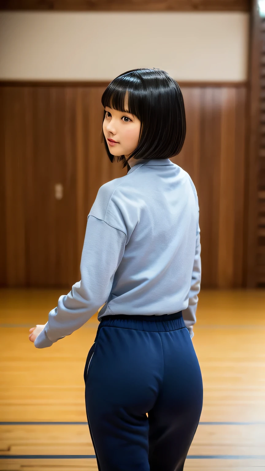 masterpiece, highest quality, 8K, Young girl, navy blue track suit,  buruma, (thick thighs), black bob cut, Ten generations, Background bokeh、((18 years old))、full body, school, dancing in wooden floor gym room, Low Key Lighting, (((shot from behind, back view))),