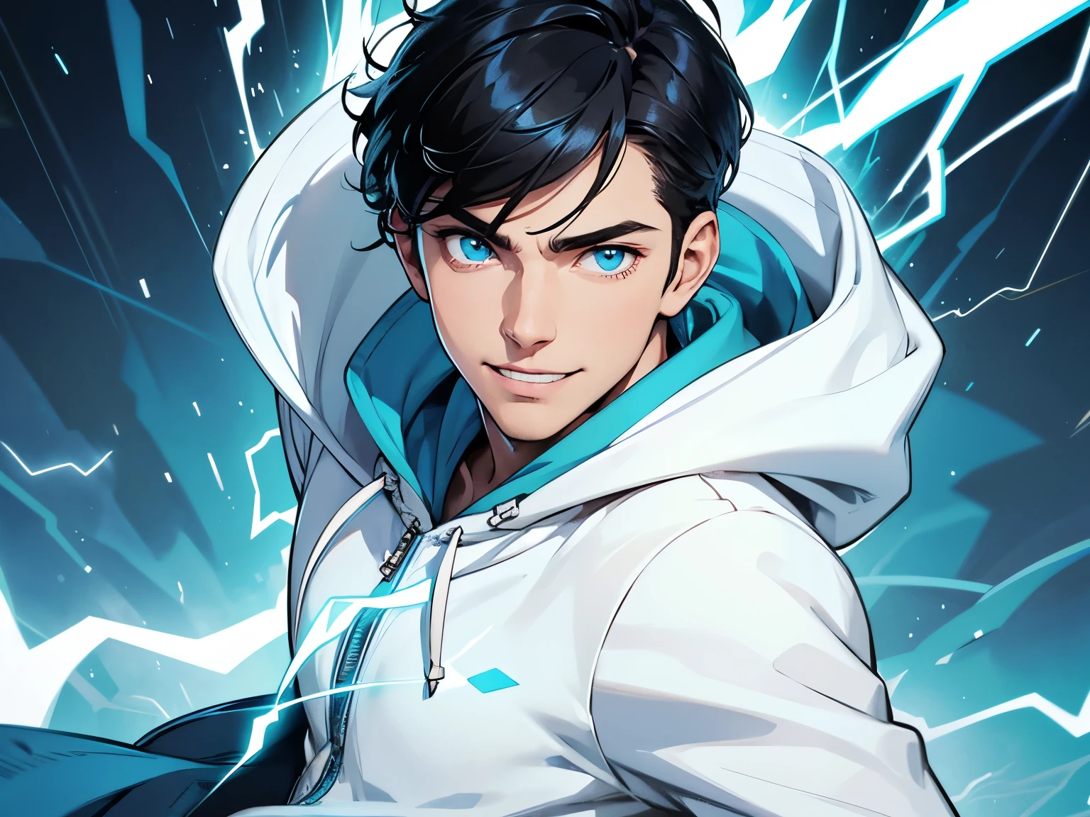 Short Black haired man with light blue eyes having lightning powers. Wearing white and gold hoodie. He is smiling