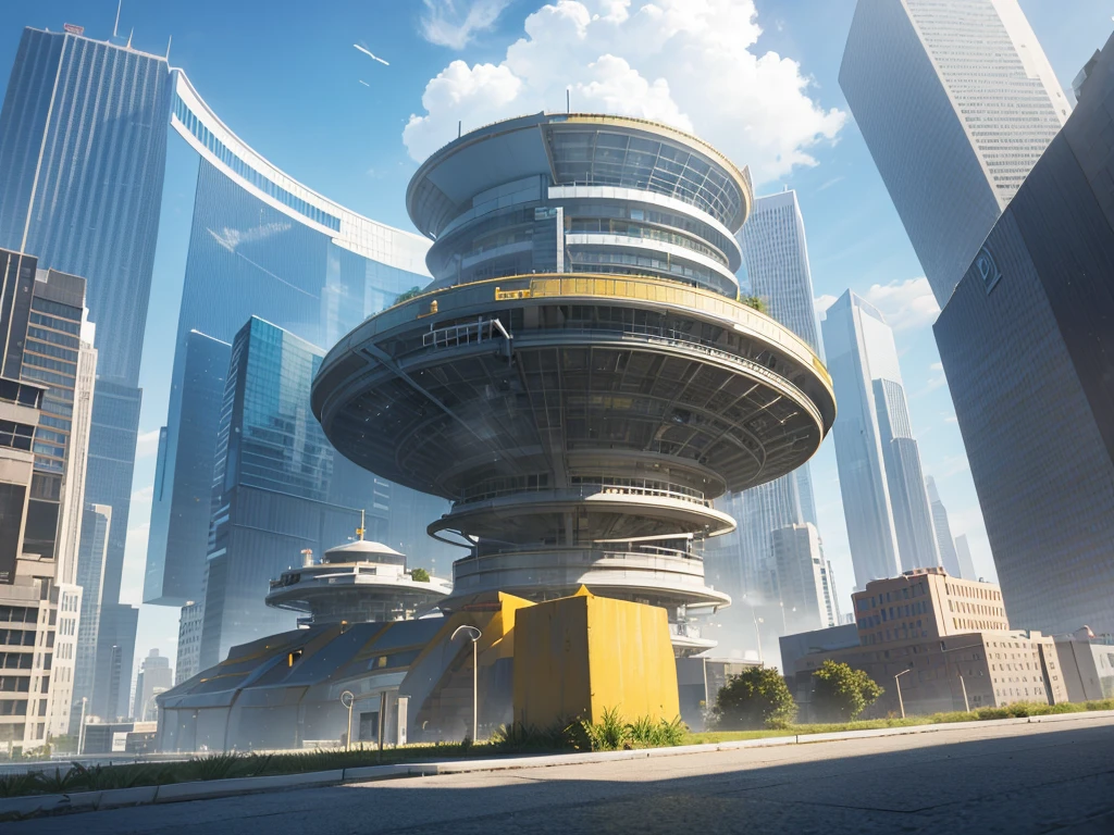 3D cartoon style mobile gamebackground with yellow color scheme. Thelandscape showcases a city with large modernbuildings above the clouds. At the front, there isa circular platform showcasing products, with ahuge circular machine made of stee andconcrete at the top, and an arch leading toanother world.lts style is blue. On sunny dayscolorful toys of all sizes are nearby, with a bluesky and high-resolution soft shadows