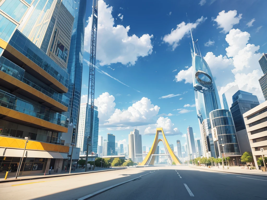 3D cartoon style mobile gamebackground with yellow color scheme. Thelandscape showcases a city with large modernbuildings above the clouds. At the front, there isa circular platform showcasing products, with ahuge circular machine made of stee  andconcrete at the top, and an arch leading toanother world.lts style is blue. On sunny dayscolorful toys of all sizes are nearby, with a bluesky and high-resolution soft shadows