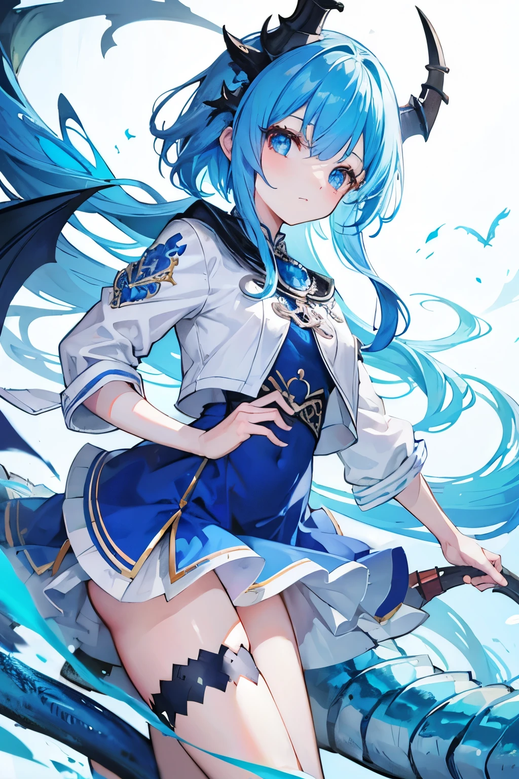 Blue Hair,Blue pupil,Dragon Lady,White feather dragon horn,Loli
