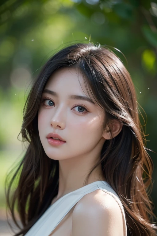 8K, masterpiece, RAW photos, best quality, Practical, Extremely detailed CG unity 8k wallpaper, Depth of Field, light, lens flare, Ray tracing, (Very beautiful face, Beautiful lips, beautiful eyes), A face with intricate details, ((Very delicate skin)) 1girl medium shot、Beautiful woman，Looking at the camera、chriss foss&#39;Off-the-shoulder sweater autumn glow、Autumn street corner、maple、Summer city landscape background, .