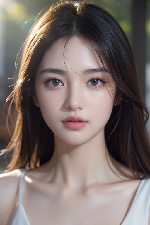 8K, masterpiece, RAW photos, best quality, Practical, Extremely detailed CG unity 8k wallpaper, Depth of Field, light, lens flare, Ray tracing, (Very beautiful face, Beautiful lips, beautiful eyes), A face with intricate details, ((Very delicate skin)) 1girl medium shot、Beautiful woman,Looking at the camera、chriss foss'Off-the-shoulder sweater autumn glow、Autumn street corner、maple、Summer city landscape background, .