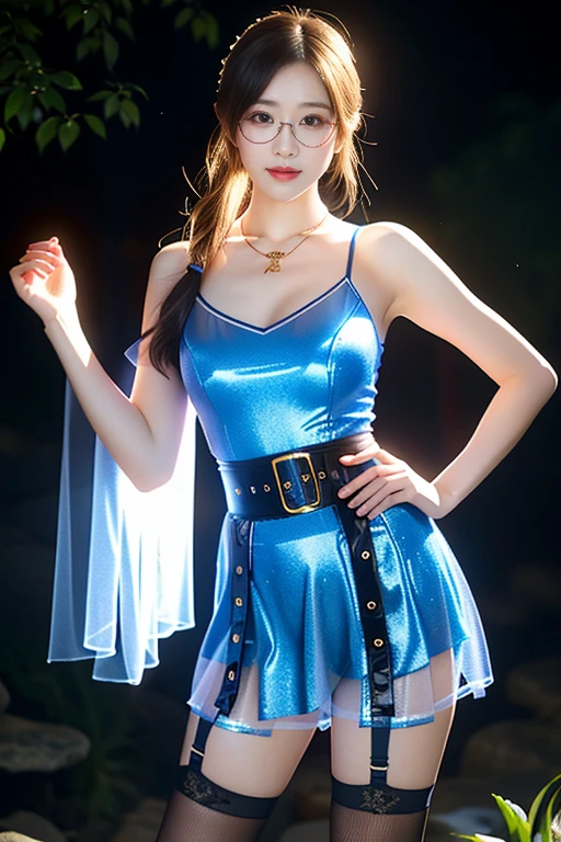 (8K Ultra HD、Digital SLR Camera、Soft Light、high quality、Volumetric Lighting、frank、photo、high resolution、4k、8K、Bokeh)，(Rich details on the eyes and face，warm color, Very saturated colors，Show a charming smile, little cherry mouth, mouth closed, Balanced Eyes, Perfect face, Pretty Face, black eyes，Skin is transparent and visible, Shirasawa skin, cosmetic, (Glasses), necklace, Jewelry，veil，Hair accessories)，(Create stunning images of real girls, warm light, Dynamic poses, Elegant Posture, Cowboy lens, Front full body，Look confident from the front，Body facing the camera，Standing，Open your legs slightly，Golden Ratio Graphics，Minimalism, ), （Deep mountain waterfall background under moonlight）, Chinese female students，Messy Hairstyle，,Gradient hairstyles，Cyberpunk hairstyle，(Transparent clothes：1.5)，Blue clothes，Fishnet Clothes，Transparent clothes， tights， Open pants，（Sexy，Perfect breast shape、Very detailed breasts，34E cup），No underwear，（High waist, Waist hollow, Levain），Flesh-colored socks.（Clear knee-length socks、garter、腿部garter）