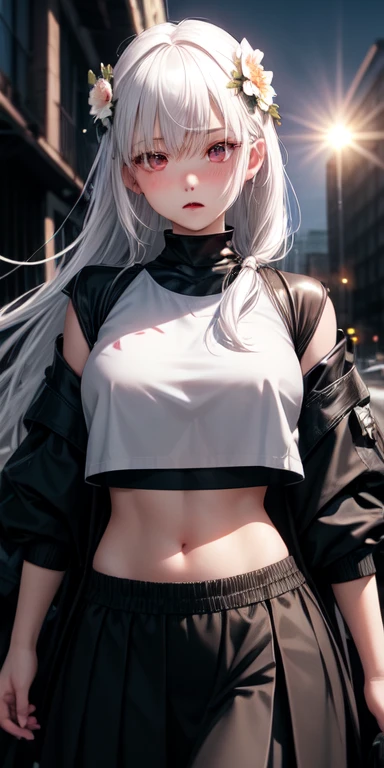 Practical, 1 Girl, white hair, Black eyes, Glowing eyes, Crop Top, skirt, Open your mouth, blush, night, Flowers, sun, sunlight,