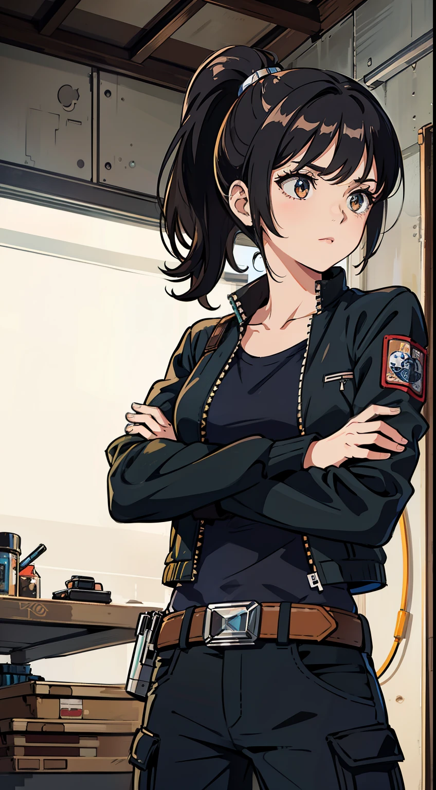 (high-quality, breathtaking),(expressive eyes, perfect face) Symmetrical Eyes, portrait, Star Wars, 1girl, female, adult, mechanic, punk jacket, shirt, short sleeved, gloves, pants, belt, wrench, crystals on belt, messy hair, black hair color, brown eye color, medium hair length, tied back hair, ponytail, technician outfit, workshop background, work bench, tools
