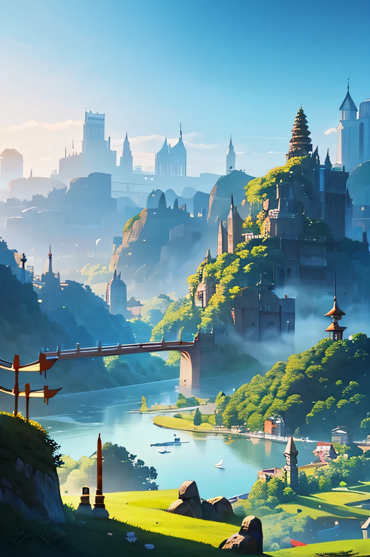 There is a cartoon,The painting shows a city in the middle of a lake, background technologywork, Detailed scenery —width 672, 4k hd wallpaper illustration, background technology, 4k hd illustration wallpaper, Ancient city landscape, environment design illustration, Sky forest background, Foggy environment, Fairy tale style background, Ethereal Landscape, The background is hazy, Hazy background,Many people race dragon boats。There are rice dumplings