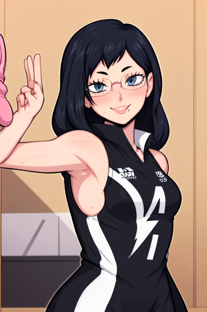 masterpiece, best quality, shimizu kiyoko looking at viewer, black hair, blue eyes color, small breasts, upper body, portrait, looking at viewer, seductive smile, armpits, armpits visible, sweaty armpits, wearing black orange volleyball uniform, wearing glasses,