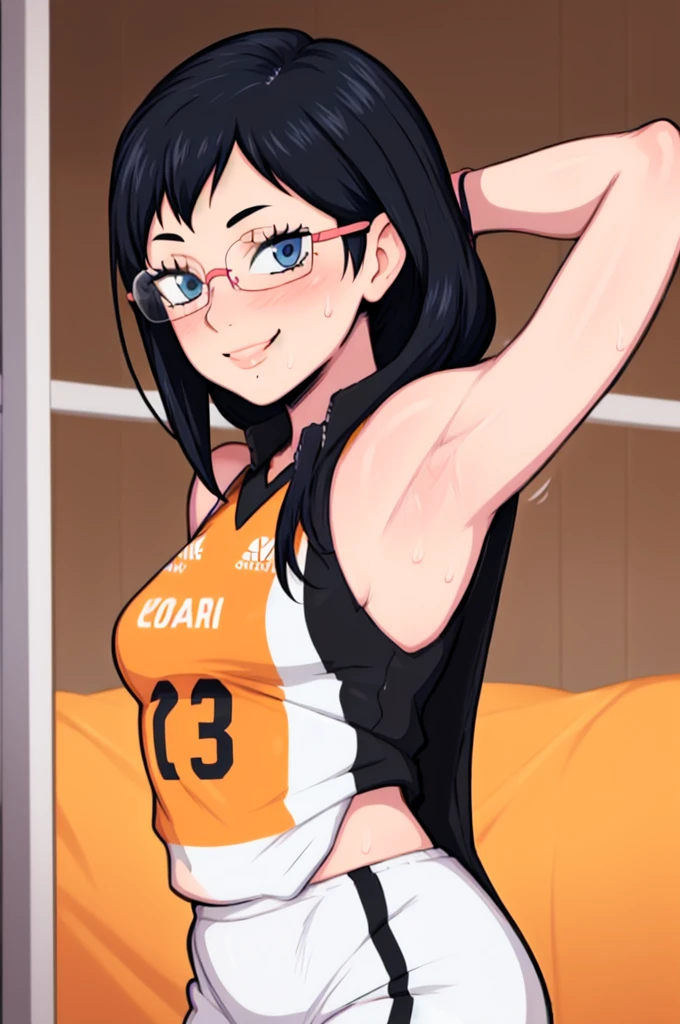 masterpiece, best quality, shimizu kiyoko looking at viewer, black hair, blue eyes color, small breasts, upper body, portrait, looking at viewer, seductive smile, armpits, armpits visible, sweaty armpits, wearing black orange volleyball uniform, wearing glasses,