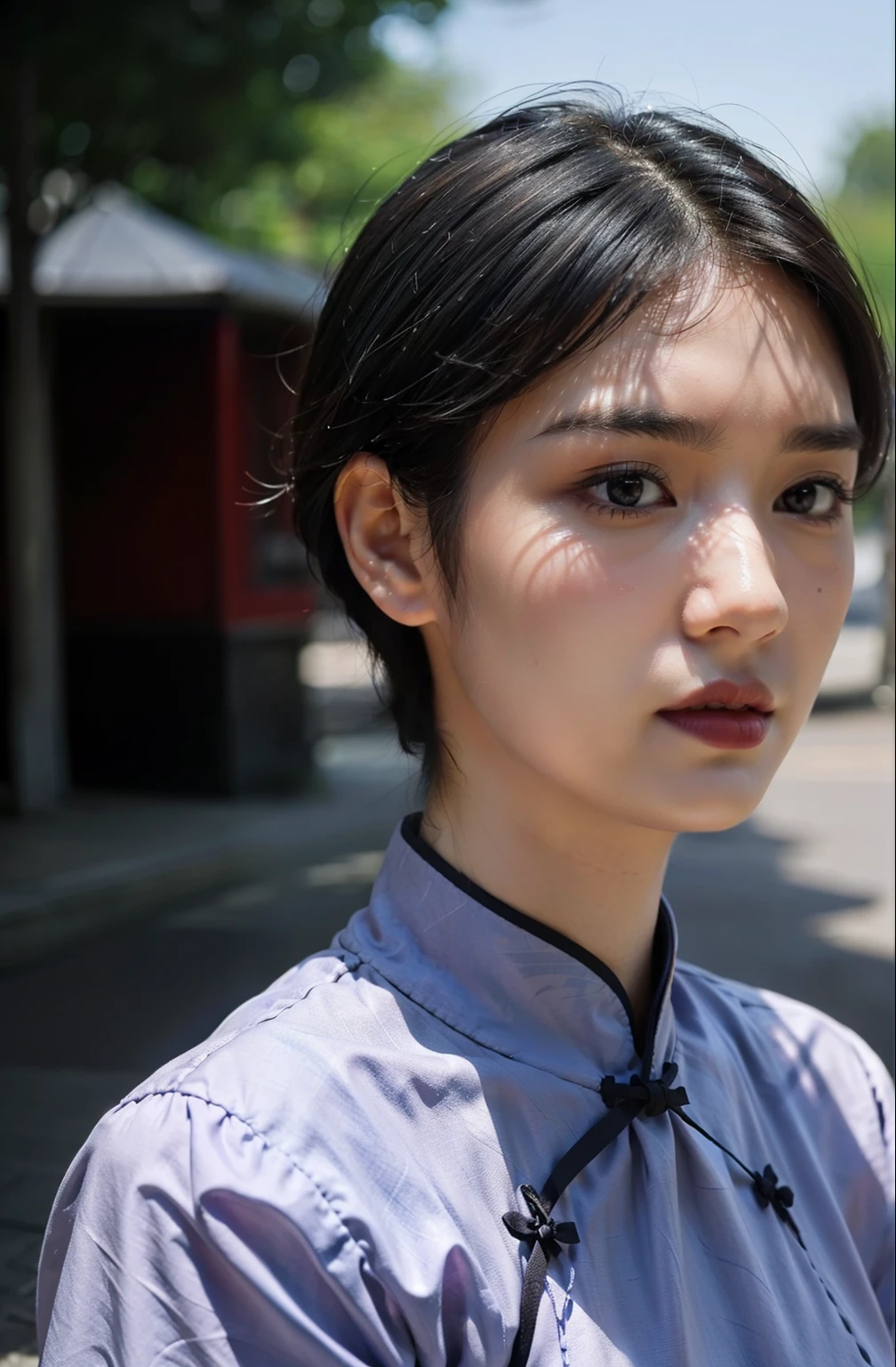 (Purple printed cheongsam),1 girl,(short hair:1.1), (Put your hands behind your back:1.1),(Practical:1.7),((best quality)),absurd,(Ultra-high resolution),(photoPractical:1.6),photoPractical,Octane Rendering,(hyperPractical:1.2), (photoPractical face:1.2), (8K), (4k), (masterpiece),(Practical skin texture), (illustration, movie lighting,wallpaper),( beautiful eyes:1.2),((((Perfect face)))),(Lovely),(permanent),(Black Hair),(short hair),black eyes,red lips, (outdoor),