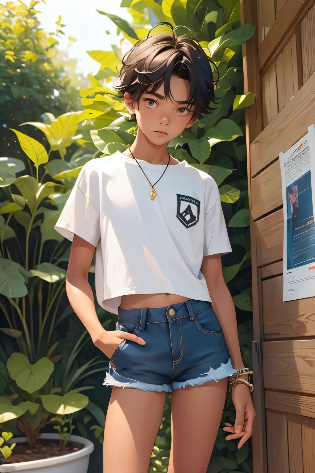 , the boy is wearing a cropped shirt and too very much short mini shorts, the boy's legs are long and beautiful, his legs are very tanned, the boy is posing and flirting, hot summer, top quality