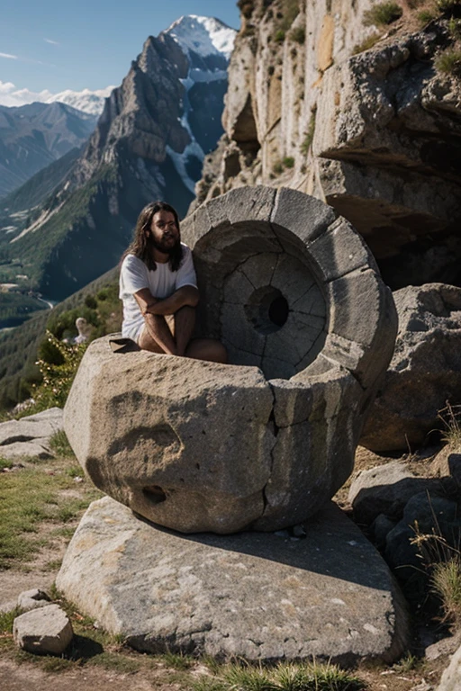 Jesus Christ shitting on a stone that has a hole in a mountain with his apostles