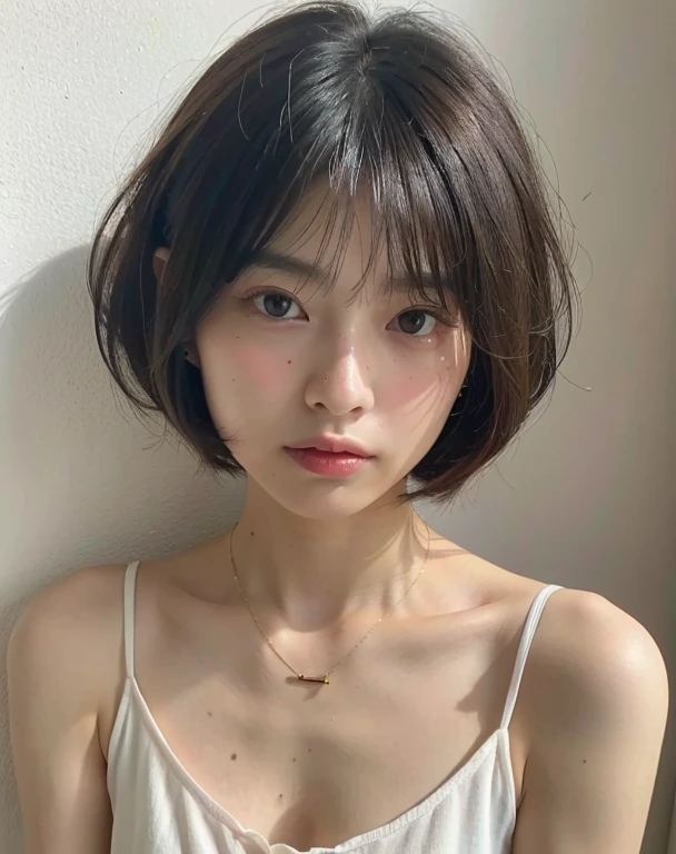 (Very realistic photos, concentrated、high resolution, Delicate face, beautiful eyes), ((Shot in front of a white wall))、Japanese woman, 20 years old, various expressions, Upper Body、Solitary:1, slim body, Various hairstyles,((good girl outfit)),、There is only one person in the photo、Shoot in natural light、simple necklace、Bob Hairstyle、shortcut、Looking at the camera((Shot from the side)), ((pink camisole)), Selfie