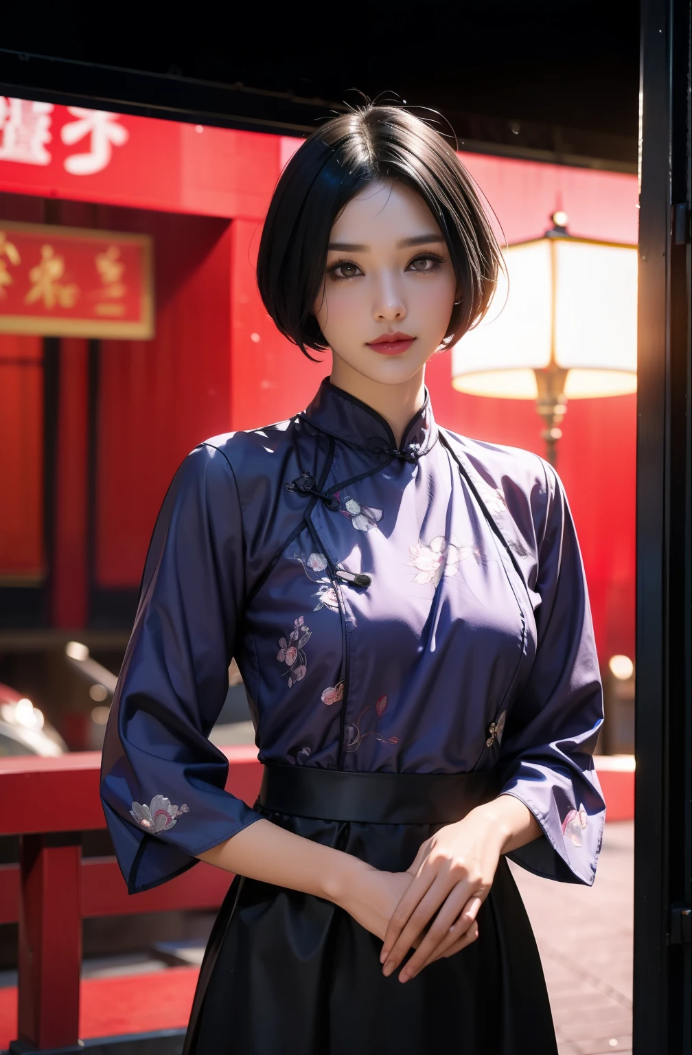 (Purple printed cheongsam),1 girl,(short hair:1.1), (Put your hands behind your back:1.1),(Practical:1.7),((best quality)),absurd,(Ultra-high resolution),(photoPractical:1.6),photoPractical,Octane Rendering,(hyperPractical:1.2), (photoPractical face:1.2), (8K), (4k), (masterpiece),(Practical skin texture), (illustration, movie lighting,wallpaper),( beautiful eyes:1.2),((((Perfect face)))),(Lovely),(permanent),(Black Hair),(short hair),black eyes,red lips, (outdoor),