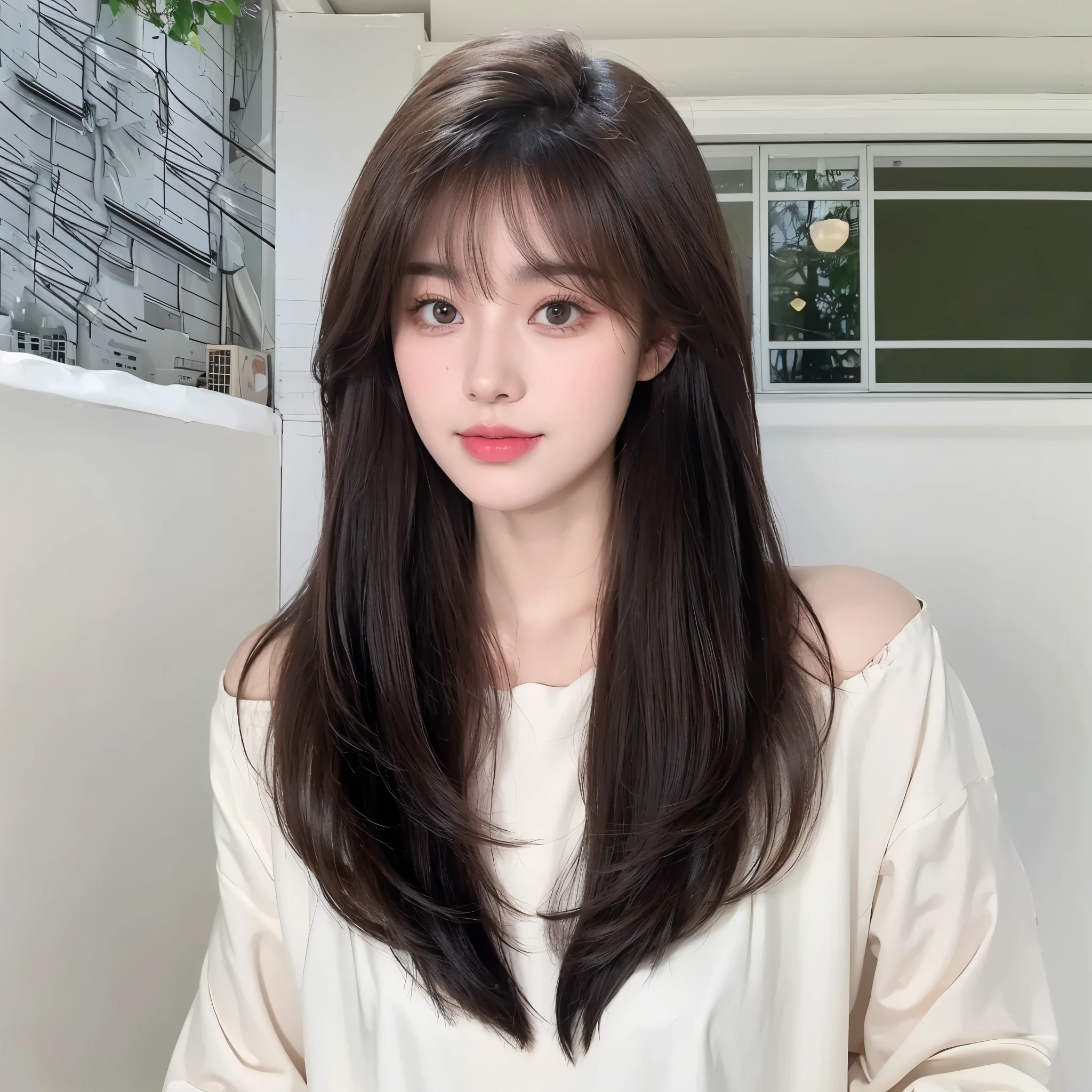 Air bangs long straight hair，Long straight cold brown hair，Naturally good-looking，The background is simple and clean。Overall comfortable and good looking