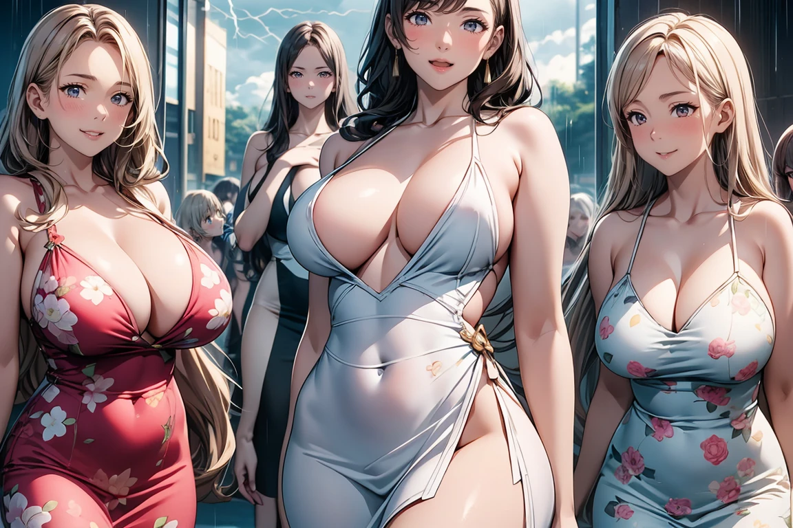 highest quality, Super detailed, (Ultra-high resolution,8K), Ultra-high definition 4K, (Perfect Anatomy, Anatomically correct), (5 cute girls:1.4), (Beautiful Eyes), (Detailed eyes), (High-quality facial beauty), ((Get excited)), (In the Storm:1.2), Friendly, (Photorealistic), (Detailed big breasts), Soft Skin, Glowing Skin, (Floral Print Lounge Slit Dress), Bright lighting, Very heavy rain, (5 cute girls:1.4), colorful, Goddess-like beauty, Professional photography techniques
