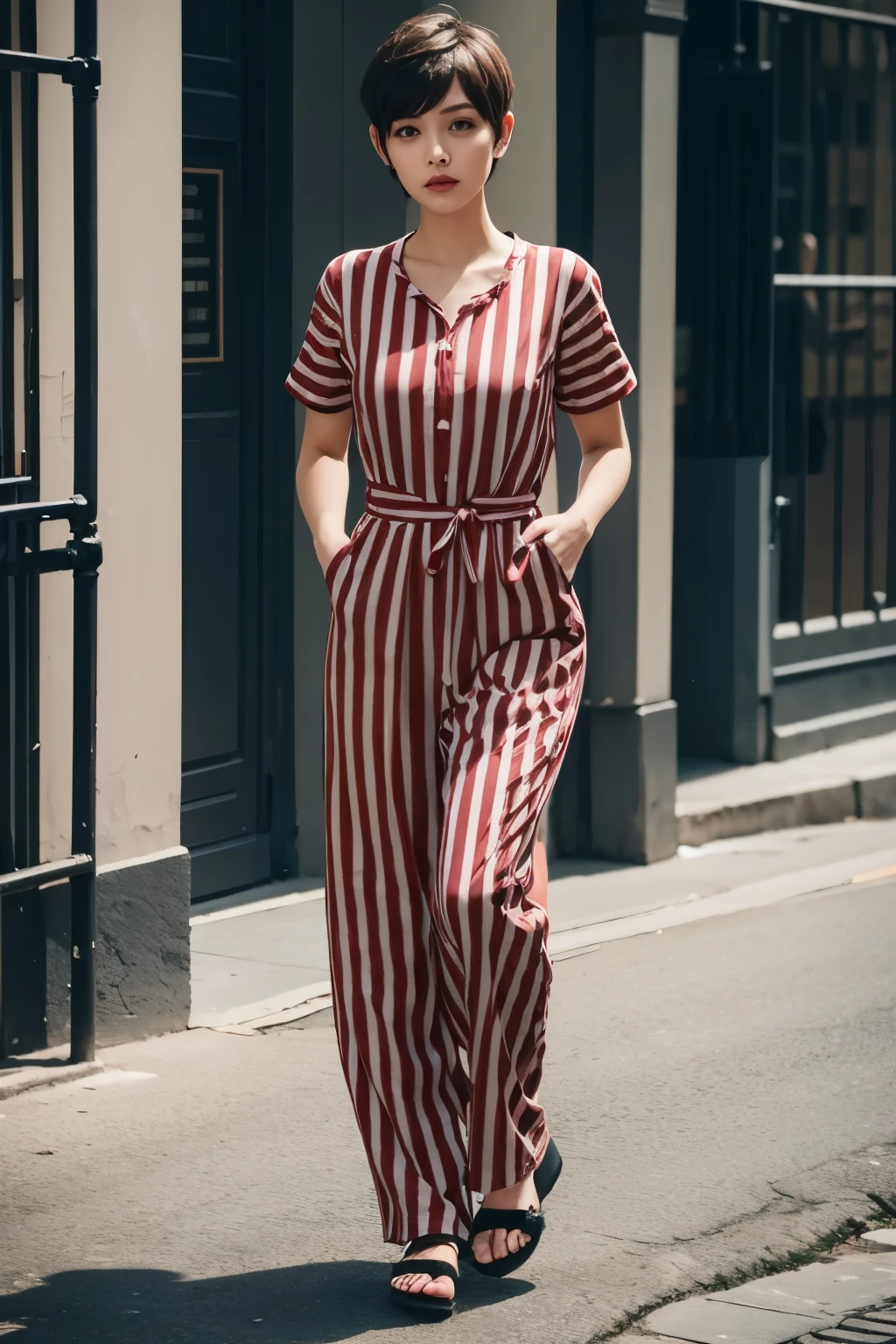 Beautiful woman dressed as a prisoner, shackles on feet, red striped jumpsuit, Iron bars, short sleeves, short cut hair,
