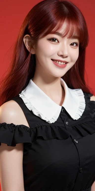 Top quality, masterpiece, Black Hair, Red Eyes, look up, Upper Body, Kawaii, Ruffled shirt, Smile,Red hair