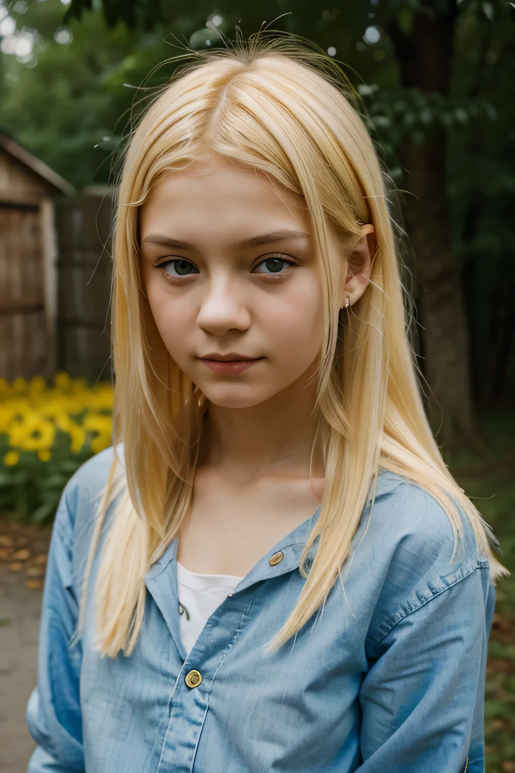 Slavic girl about 12 years old with yellow hair is beautiful and shy