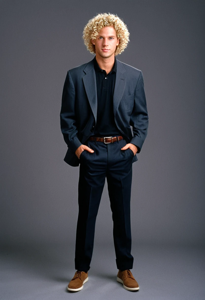 thirty year old man, trimmed and cropped short curly blonde hair, photorealistic, determined, business casual style, 1996, 90s, 1990s, studio portrait, full body shot, blank flat background