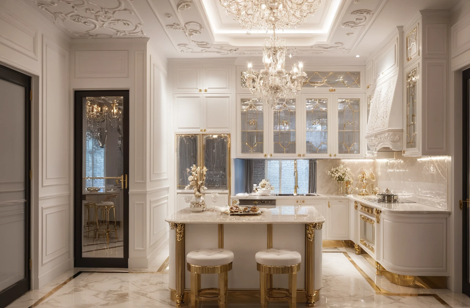 Masterpiece, Best quality,8K, Ultra-high resolution,When you step into the Kitchen and dinning room,Immediately surrounded by a rich atmosphere of luxury。Ornate crystal chandeliers hang high on the wall,Shine brightly。Kitchen island  was covered with a soft white fluffy blanket,It is so comfortable,So much so that you can't help but indulge in it。Embellished with precious porcelain and white-off gold ornaments。Whenever it is late afternoon,The afterglow from the window spilled on the floor,Soft light and shadow are reflected,It was as if entering a dreamland。