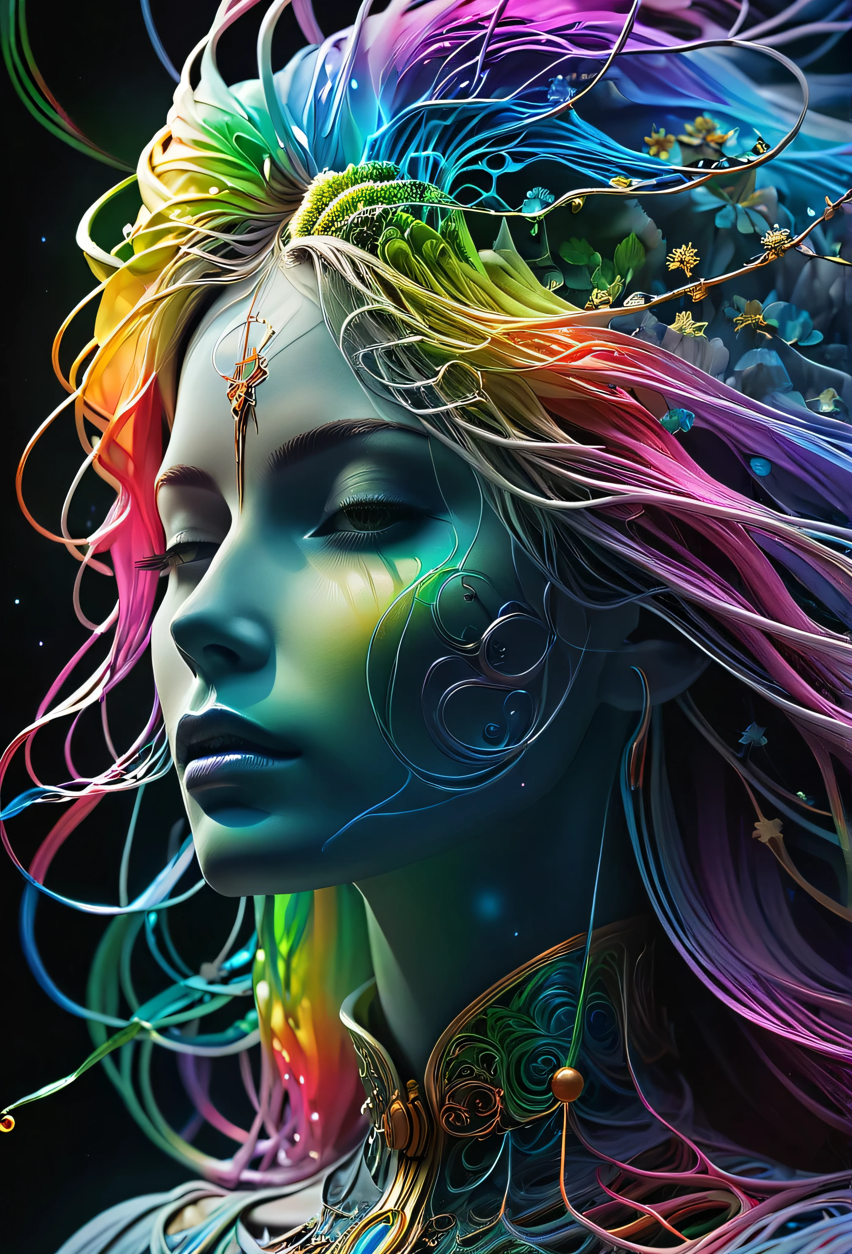Meisterwerk, Best quality, ultra high resolution, extremely detailed, (psychedelische Kunst:1.4), Frau, veil, Optisch atemberaubend, Nice, award-winning illustration, kosmischer Weltraumhintergrund, ethereal atmosphere, Ultra quality, Nice girl, Kosmisches Konzept, Rainbow Strings, Regenbogenhaut, Regenbogenfarbene blutige Adern, die aus der Dunkelheit wachsen und sich verflechten, genagelter Draht, Aus ihm sickerte dickes blaues Blut, scharfes Neon, Adern wachsen und pumpen Blut, Vascular networks grow, Green veins everywhere, Yin und Yang, leuchtender Raum, leuchtende Sterne, Unendlichkeitssymbol