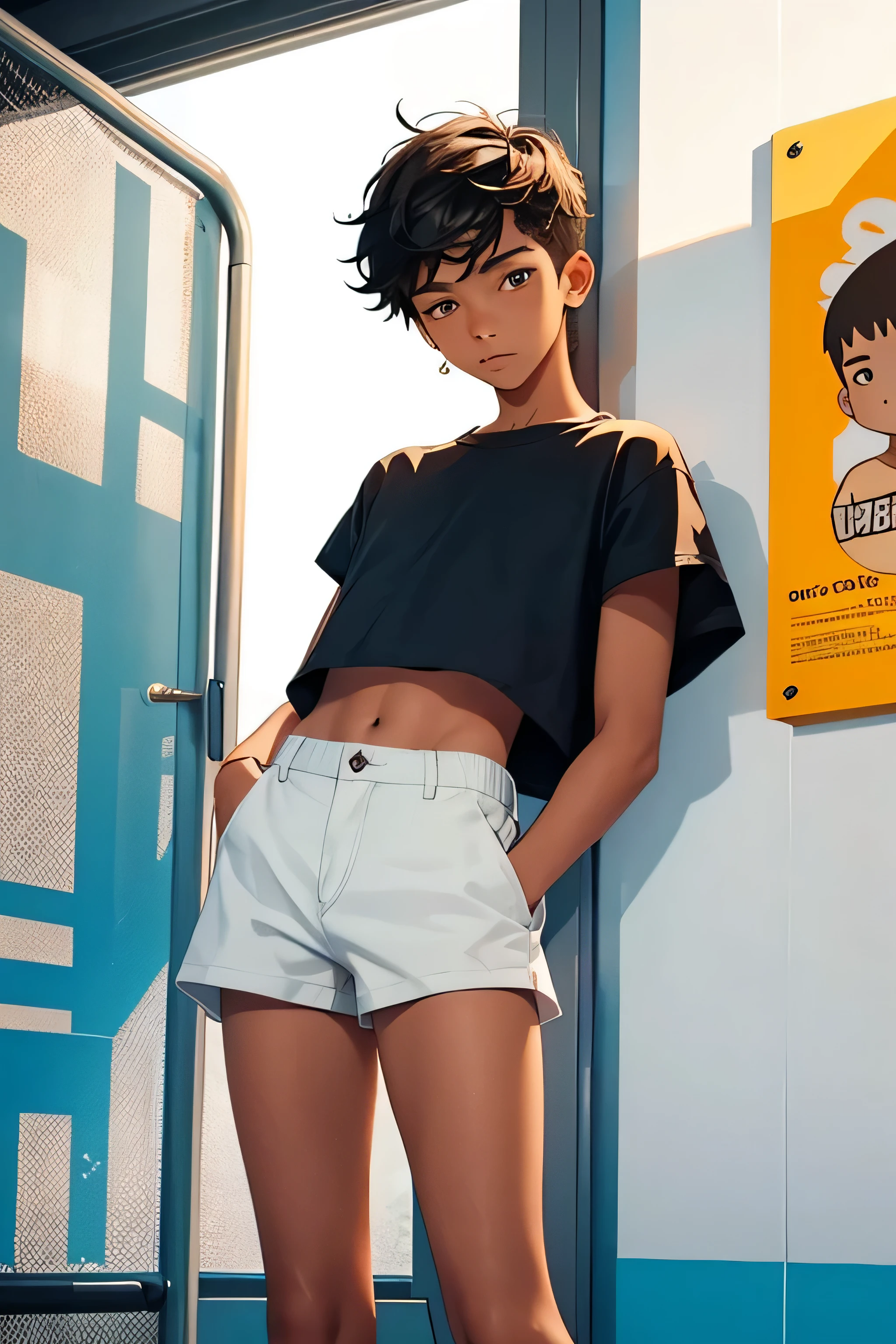 age boy 15 ye boy is wearing a cropped shirt and too very much short mini shorts, the boy's legs are long and beautiful, his legs are very tanned, hot summer, top quality