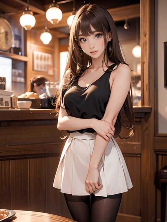 Photo Quality、Masterpiece、((Coffee shop、Detailed Background))(30 year old adult woman、Very cute face、Baby Face、round face、Big Eyes、Double、Natural Makeup、Golden ratio proportions)(Blushing、Embarrassed face)(Moist eyes)(long hair、Brown Hair)(Red tank top、Cleavage)(Tight miniskirt、Black Pantyhose))Full body shot from below、knees