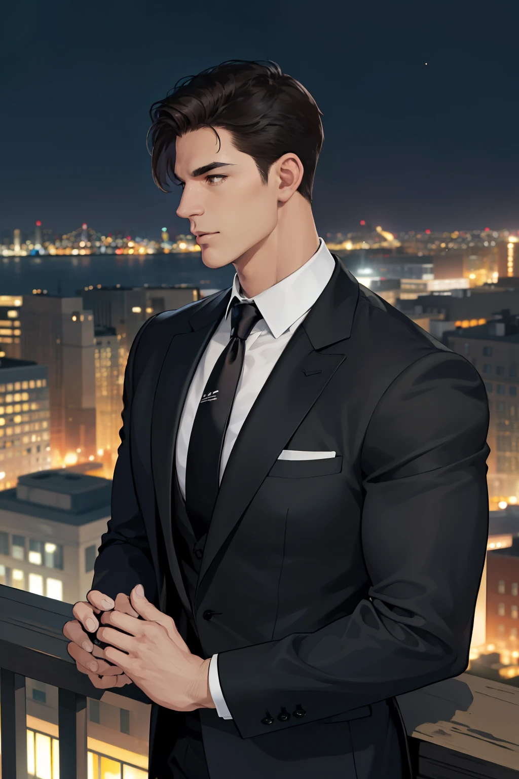 (Absurd, High resolution, Super detailed, Realistic, ), 1 male, alone, Adult, mature, Tall and muscular man, Broad shoulders, good looking, Very short hair, Black Hair, Brown eyes, Square jaw, Thick neck, Thick eyebrows, night, dark, the night view of the city background, Formal suit, tie, Upper Body