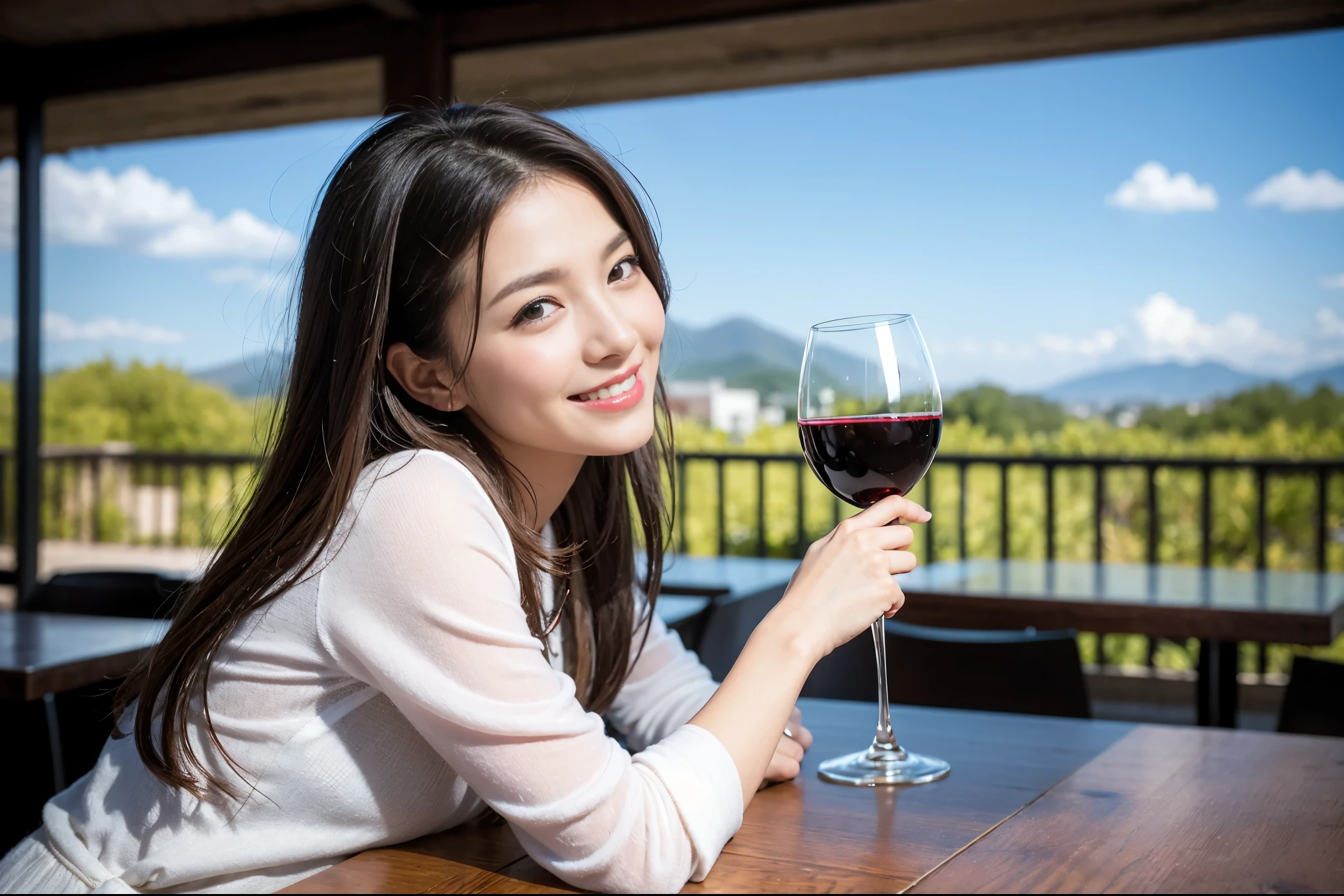 ((highest quality、8k、masterpiece:1.3))、1 male、1 female、石原さとみ似Couple、ファッションmodel、Spouse、Couple、The body is slim、((Bob Hale、Straight hair:1.2)), (Realistic, Intricate details:1.2), テーブルの上のwine glass、Shine light on your face、 Amazing view of the sunset sky and clouds、Amazing mountain views、A bright smile、The wonderfulness of smile、Bright image、The beauty of wine, Beautiful Face, blue eyes, The light shines on your face, Blushing, short hair,Bright Face、 (Age 37), 39 years old, red wine 、Appetizers、Italian food、Wine bottle、Champagne、sparkling wine、Two beauties、Brown Hair、Shortcuts、Long sleeve shirt、dress、Pretty Woman 1, (slimな顔), (The body is slim), (Brown Hair), (Shortcuts), cheeks turn a little red,Attractive beauty、restaurant, In a prominent place (From the waist up) Nova Frog Style, actress, model, Upper Body, White wine, slim, wine glass, 中央に置かれたwine glass, smile, (smile: 1.15), Beautiful fine grain, Depth f/2,saturation, High Contrast, Strong light and shadow,Moist Body:1.5、3D texture、Delicate eyes、Brown Hair、The hair is very shiny、