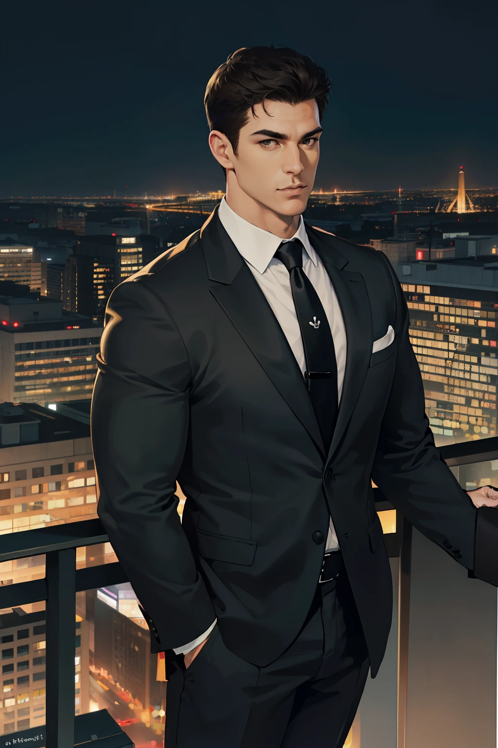 (Absurd, High resolution, Super detailed, Realistic, ), 1 male, alone, Adult, mature, Tall and muscular man, Broad shoulders, good looking, Very short hair, Black Hair, Brown eyes, Square jaw, Thick neck, Thick eyebrows, night, dark, the night view of the city background, Formal suit, tie, Upper Body