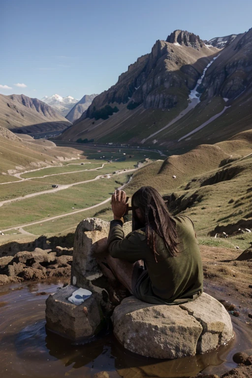 Jesus Christ shitting on a stone that has a hole in a mountain with his apostles wearing tunics, their asses are all muddy with poop