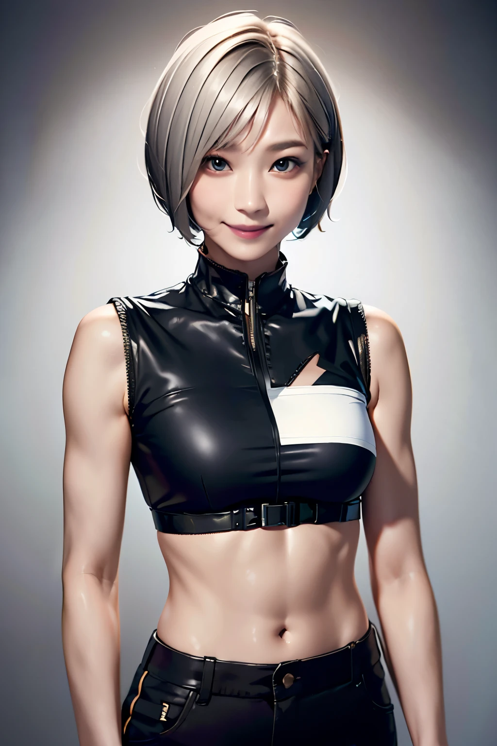 236 20-year-old female, short hair, pants, A kind smile, lipstick, Abdominal muscles