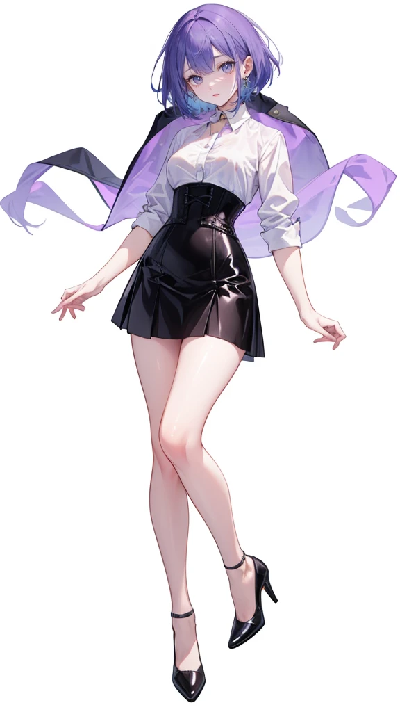 Purple hair,short hair,Adult female,(suit),Dress shirt,((Roll up your sleeves)),(Corset),(Tight skirt),(high heels),The heel is visible,((Simple background)),Smile,((Full body)),((whole body)),Character Sheet,