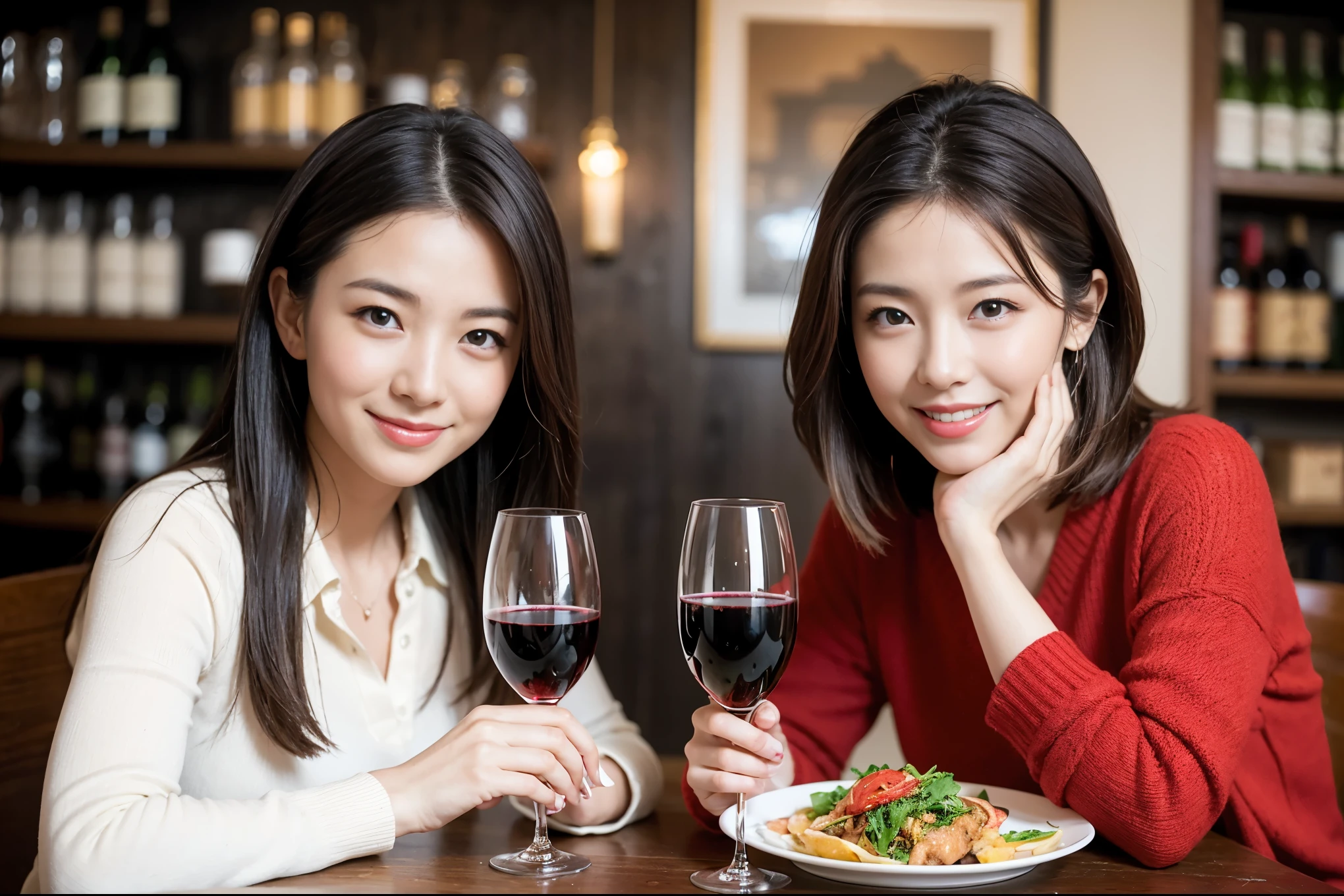 ((highest quality、8k、masterpiece:1.3))、1 male、1 female、石原さとみ似Couple、actress、Spouse、Couple、The body is slim、((Bob Hale、Straight hair:1.2)), (Realistic, Intricate details:1.2), テーブルの上のwine glass、Shine light on your face、 Amazing view of the sunset sky and clouds、Amazing mountain views、A bright smile、The wonderfulness of smile、Bright image、The beauty of wine, Beautiful Face, blue eyes, The light shines on your face, Blushing, short hair,Bright Face、 (Age 37), 39 years old, red wine 、Appetizers、Italian food、Wine bottle、Champagne、sparkling wine、Two beauties、Brown Hair、Shortcuts、Long sleeve shirt、dress、Pretty Woman 1, (slimな顔), (The body is slim), (Brown Hair), (Shortcuts), cheeks turn a little red,Attractive beauty、restaurant, In a prominent place (From the waist up) Nova Frog Style, actress, model, Upper Body, White wine, slim, wine glass, 中央に置かれたwine glass, smile, (smile: 1.15), Beautiful fine grain, Depth f/2,saturation, High Contrast, Strong light and shadow,Moist Body:1.5、3D texture、Delicate eyes、Brown Hair、The hair is very shiny、
