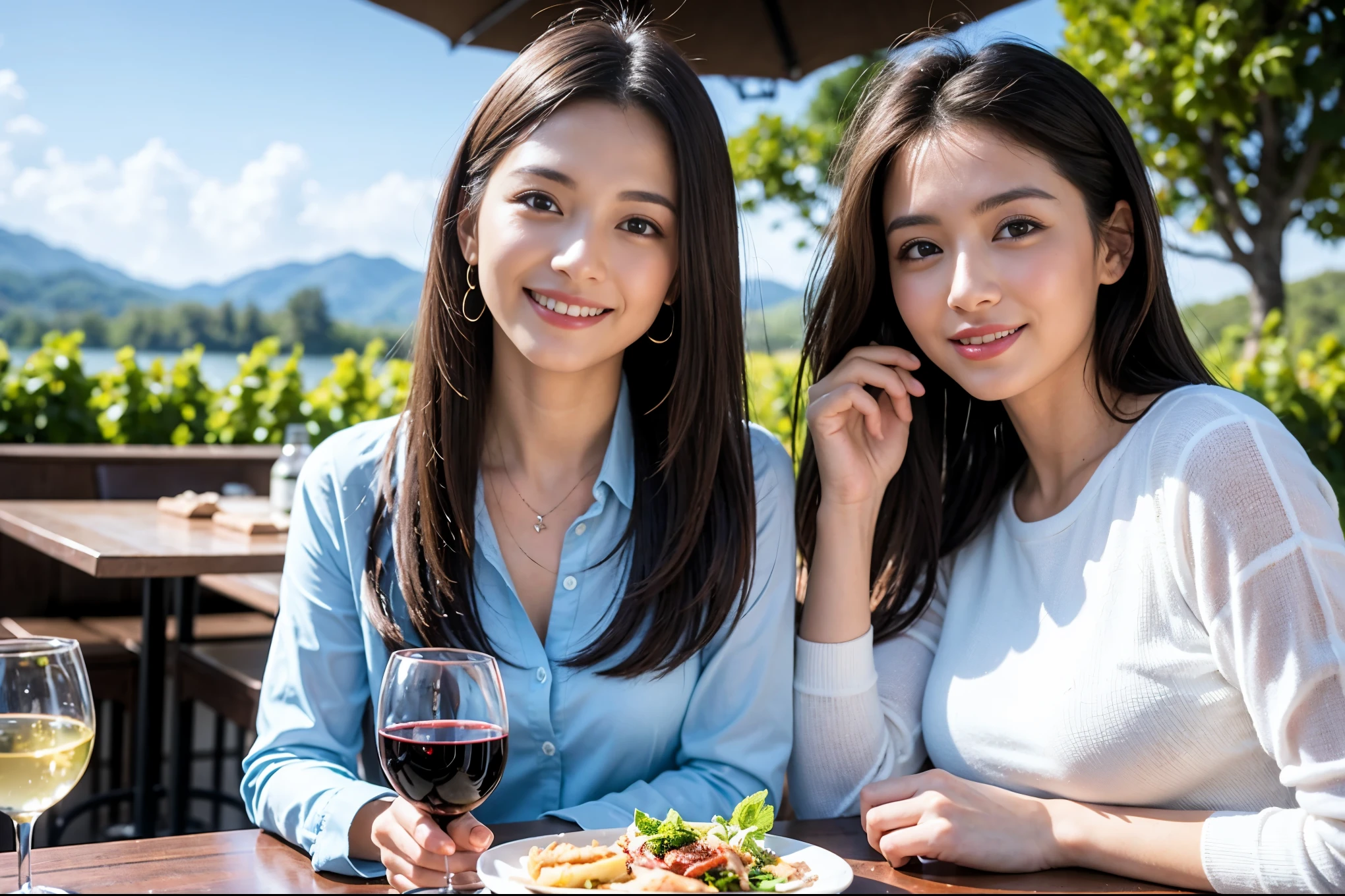 ((highest quality、8k、masterpiece:1.3))、1 male、1 female、石原さとみ似Couple、actress、Spouse、Couple、The body is slim、((Bob Hale、Straight hair:1.2)), (Realistic, Intricate details:1.2), テーブルの上のwine glass、Shine light on your face、 Amazing view of the sunset sky and clouds、Amazing mountain views、A bright smile、The wonderfulness of smile、Bright image、The beauty of wine, Beautiful Face, blue eyes, The light shines on your face, Blushing, short hair,Bright Face、 (Age 37), 39 years old, red wine 、Appetizers、Italian food、Wine bottle、Champagne、sparkling wine、Two beauties、Brown Hair、Shortcuts、Long sleeve shirt、dress、Pretty Woman 1, (slimな顔), (The body is slim), (Brown Hair), (Shortcuts), cheeks turn a little red,Attractive beauty、restaurant, In a prominent place (From the waist up) Nova Frog Style, actress, model, Upper Body, White wine, slim, wine glass, 中央に置かれたwine glass, smile, (smile: 1.15), Beautiful fine grain, Depth f/2,saturation, High Contrast, Strong light and shadow,Moist Body:1.5、3D texture、Delicate eyes、Brown Hair、The hair is very shiny、