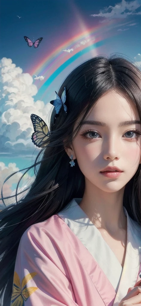 1girl, butterfly, deep purple, colorful, paint, illustration, masterpiece A front-facing upper body photo wearing a shiny pink kimono, taking the butterfly off her head, holding a blue butterfly in her hand. Close-up of face with a rainbow in the sky in the background.
Face forward and in the center