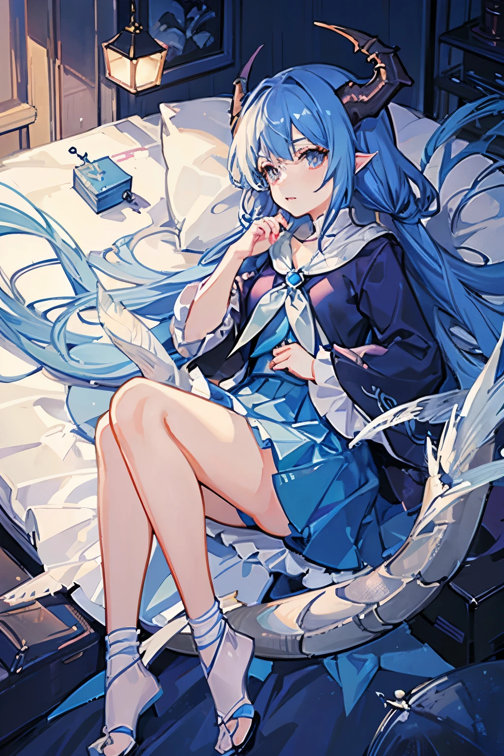 Blue Hair,Blue pupil,Dragon Lady,White dragon horn,Feather-shaped dragon horn,Loli,Long skirt,cute,Shy