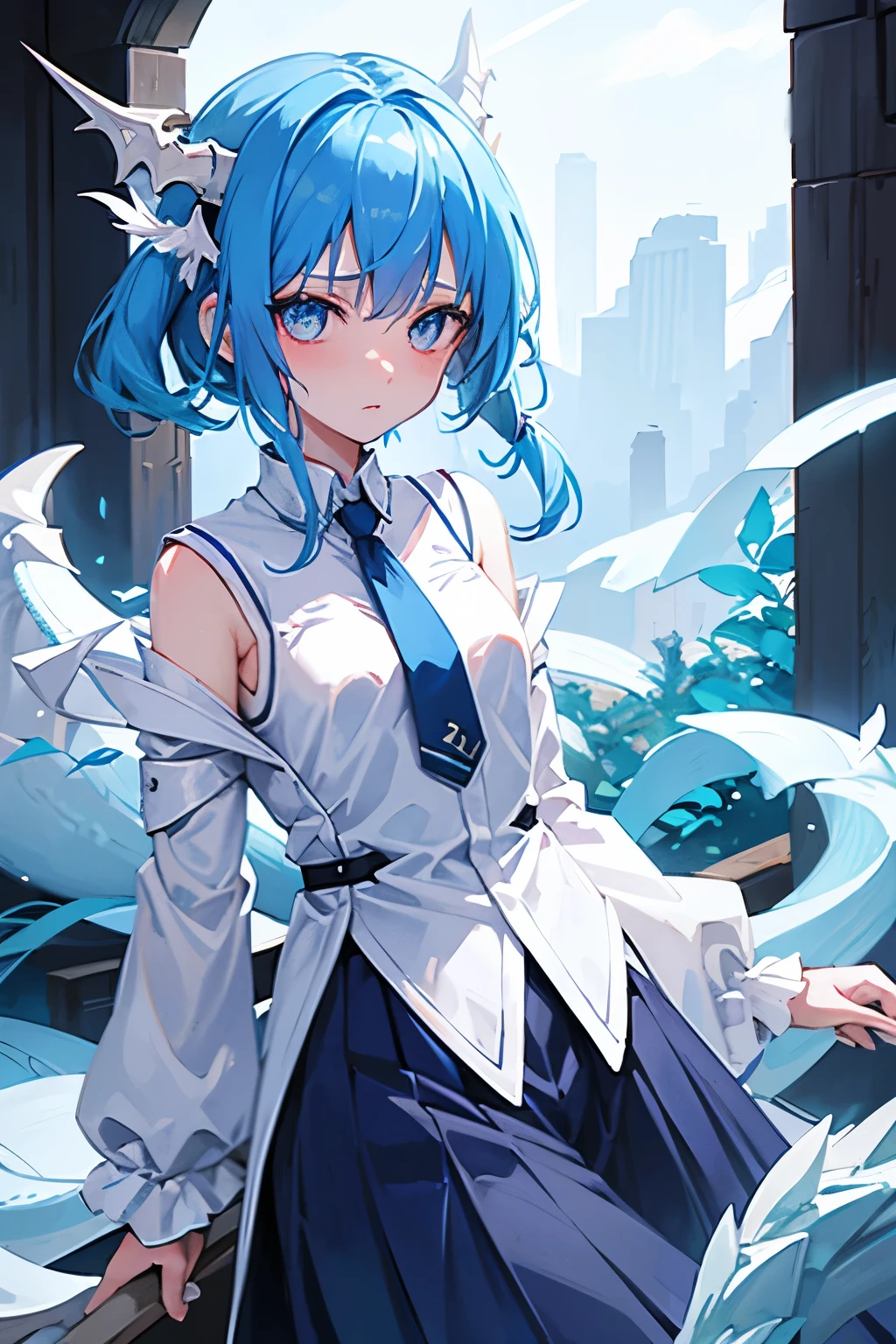 Blue Hair,Blue pupil,Dragon Lady,White dragon horn,Feather-shaped dragon horn,,Long skirt,cute,Shy