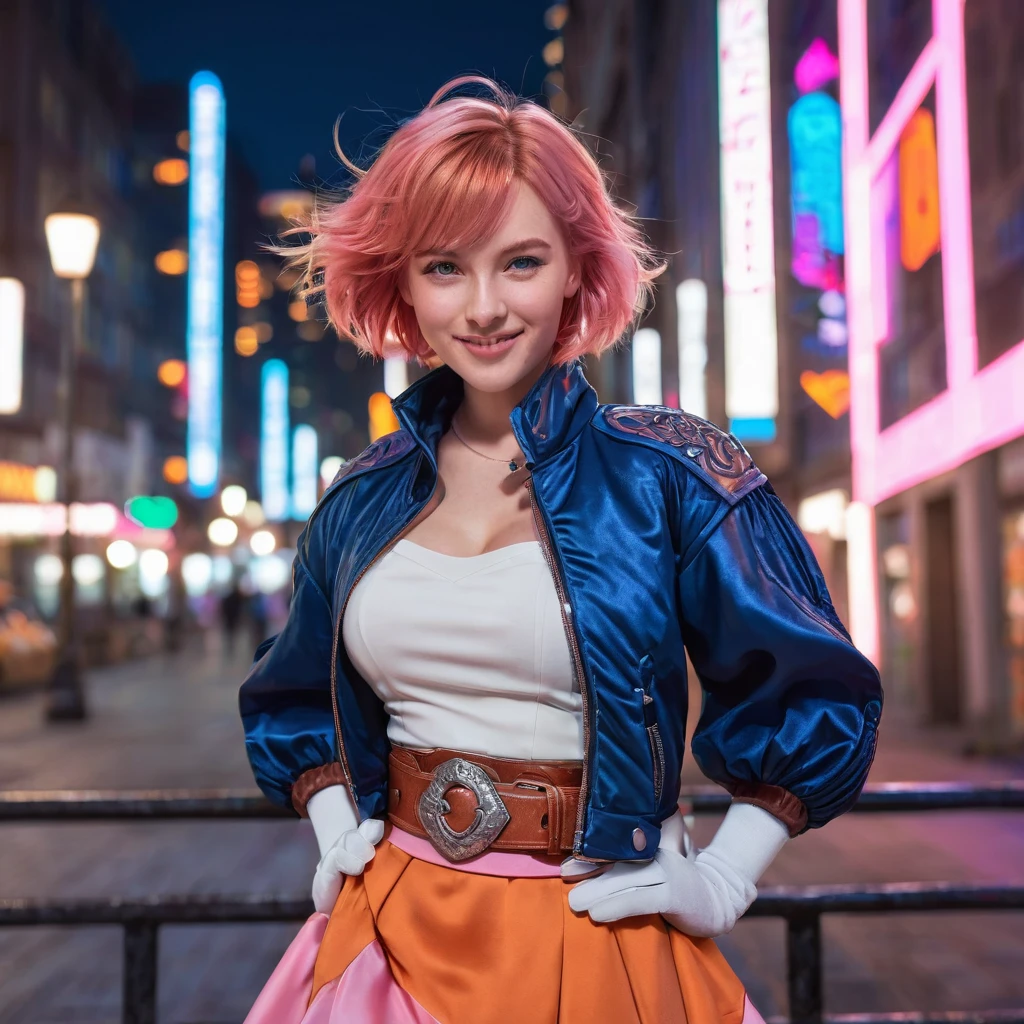 1girl,cowboy shot, beautiful nora_valkyrie, looking at viewer, smile, short hair, blue eyes,heart cutout, gloves, jacket, pink skirt, pink belt, short sleeves, puffy sleeves, single armband, fingerless gloves, orange hair, pink gloves, dynamic pose, night, outdoors, city, (volumetric lighting), best quality, masterpiece, intricate details, tonemapping, sharp focus, hyper detailed, trending on Artstation,